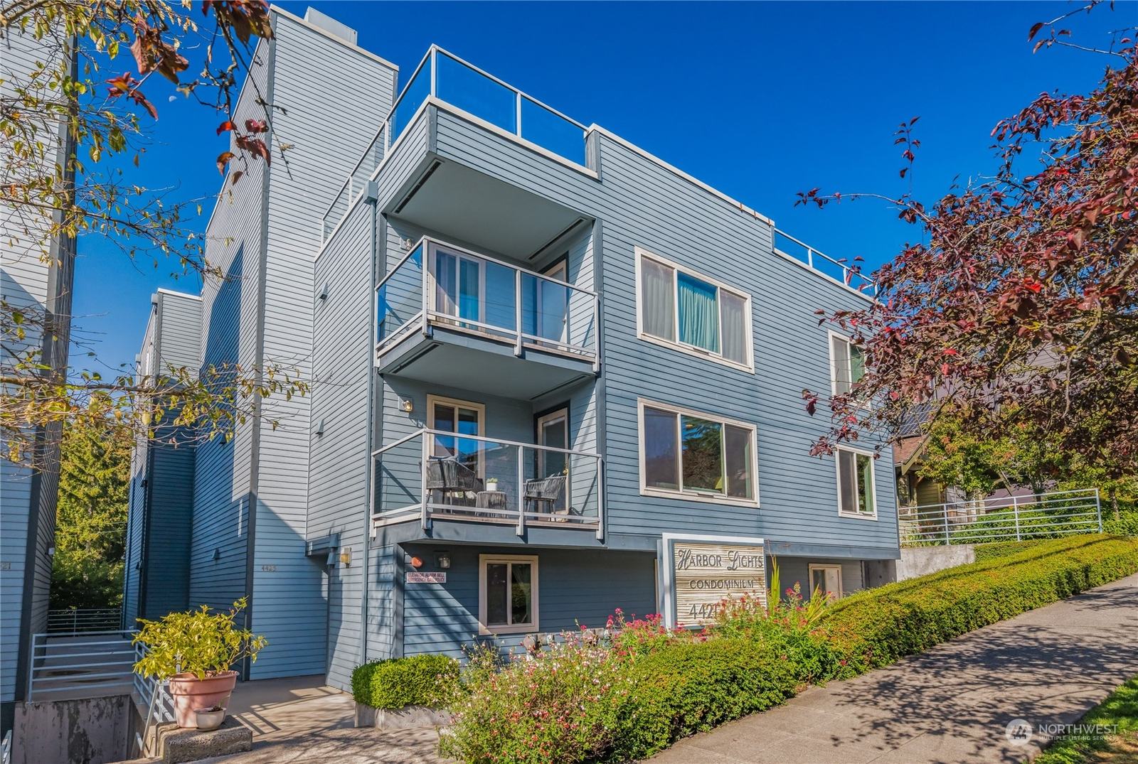 The Harbor Lights West condominium buildings on Greenwood Avenue North, blue-grey siding with balconies and a rooftop deck.